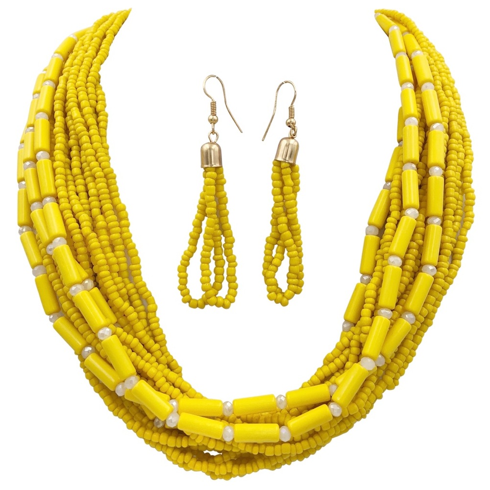 Bright Yellow Layered Seed Bead Necklace Earrings